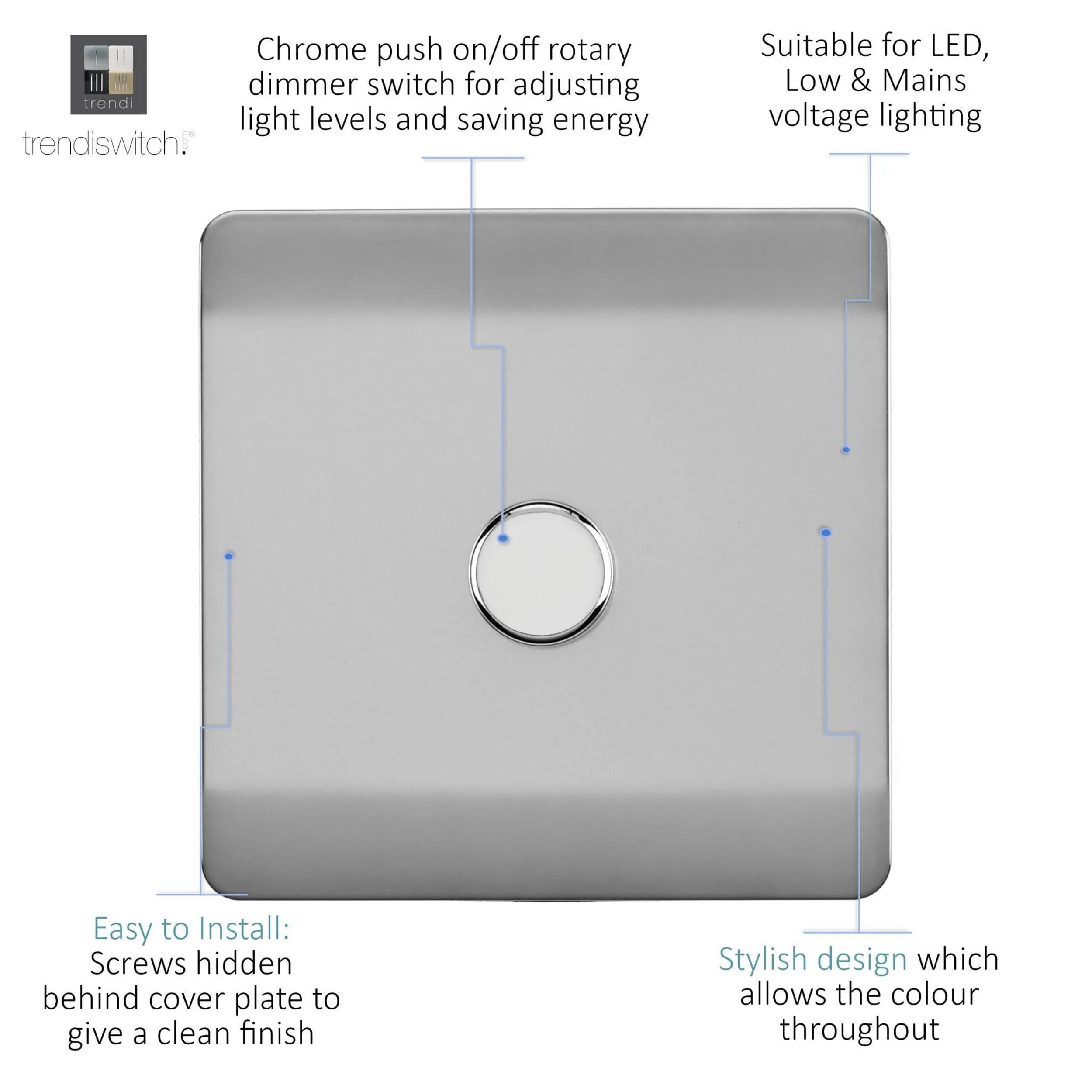 1 Gang 1 Way LED Dimmer Switch Brushed Steel ART-LDMBS  Trendi Brushed Steel